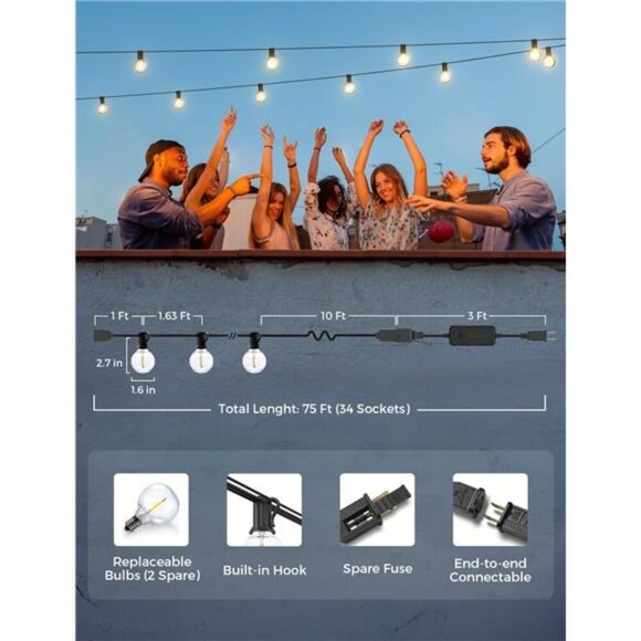 Smart Outdoor String Lights,75Ft G40 Globe Patio Lights with 34Dimmable LEDBulbs - Picture 6 of 7